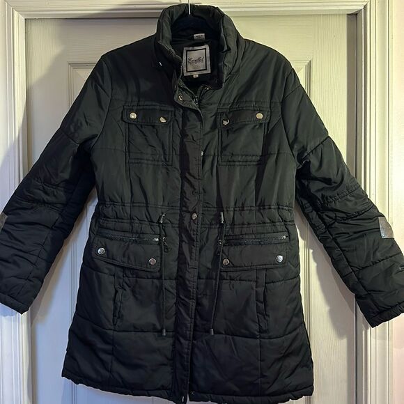 Black Quilted Coat Insulated Winter Trench Puffer Womens Large - Picture 1 of 15